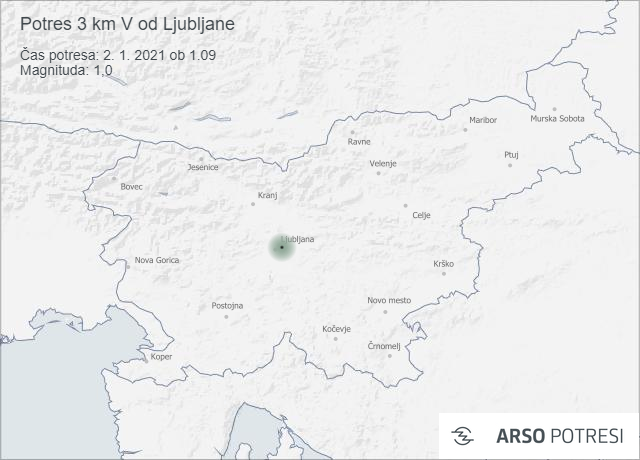 Potres 3 km V od Ljubljane 2. 1. 2021 ob 1.09