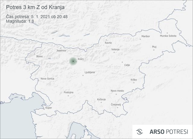 Potres 3 km Z od Kranja 5. 1. 2021 ob 20.48