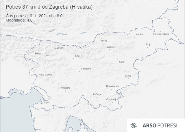 Potres 37 km J od Zagreba (Hrvaška) 6. 1. 2021 ob 18.01