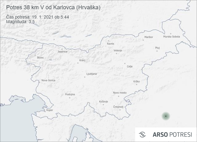 Potres 38 km V od Karlovca (Hrvaška) 19. 1. 2021 ob 5.44