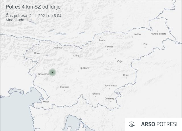 Potres 4 km SZ od Idrije 2. 1. 2021 ob 6.04