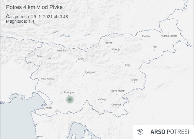 Potres 4 km V od Pivke 29. 1. 2021 ob 0.46