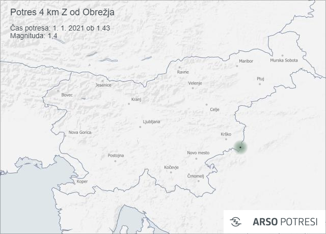 Potres 4 km Z od Obrežja 1. 1. 2021 ob 1.43 - potres