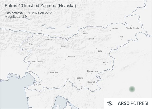 Potres 40 km J od Zagreba (Hrvaška) 9. 1. 2021 ob 22.29