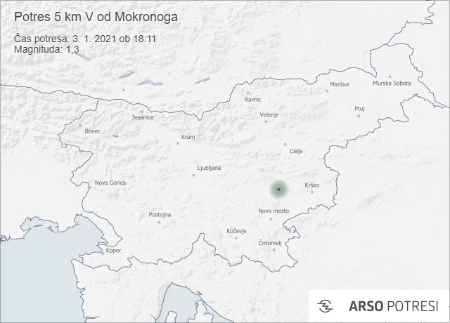 Potres 5 km V od Mokronoga 3. 1. 2021 ob 18.11