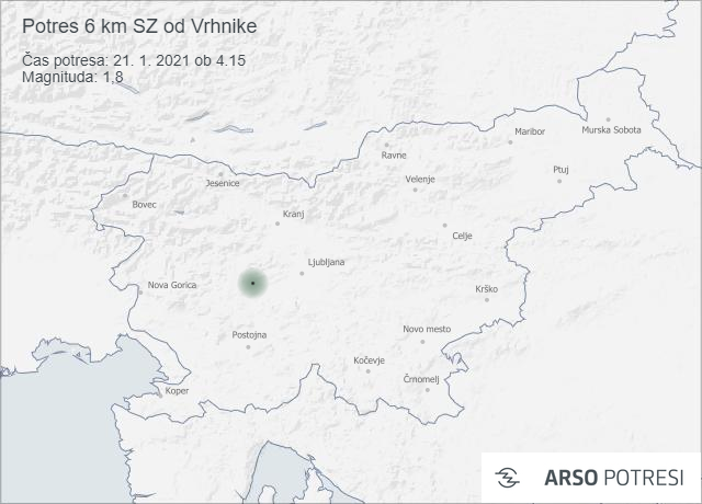 Potres 6 km SZ od Vrhnike 21. 1. 2021 ob 4.15