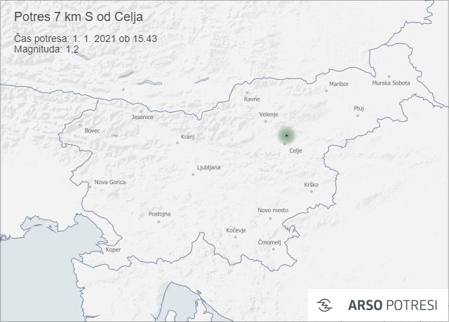 Potres 7 km S od Celja 1. 1. 2021 ob 15.43