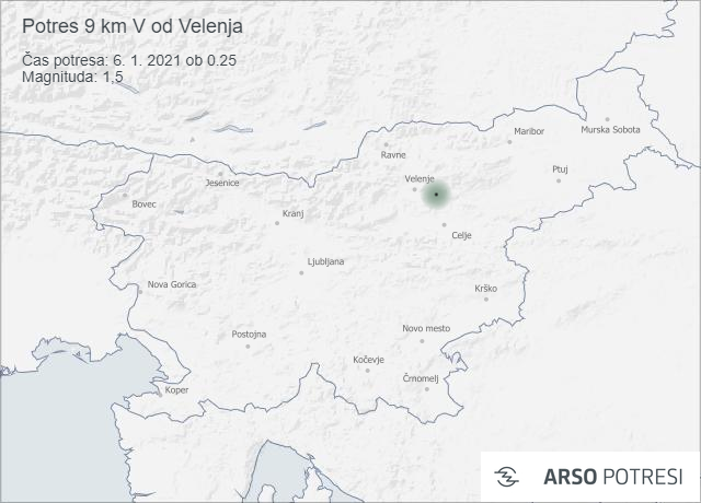 Potres 9 km V od Velenja 6. 1. 2021 ob 0.25