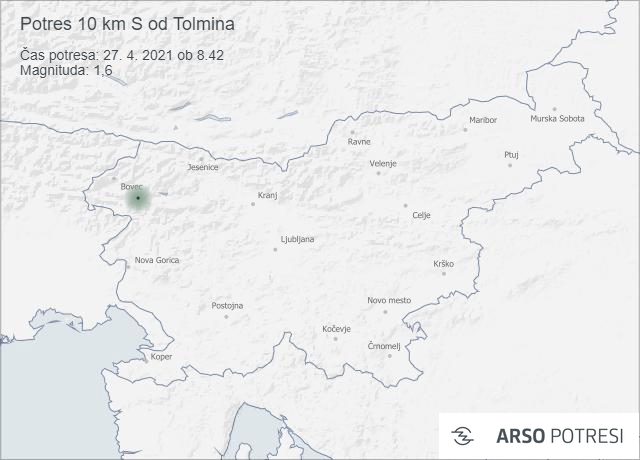 Potres 10 km S od Tolmina 27. 4. 2021 ob 8.42