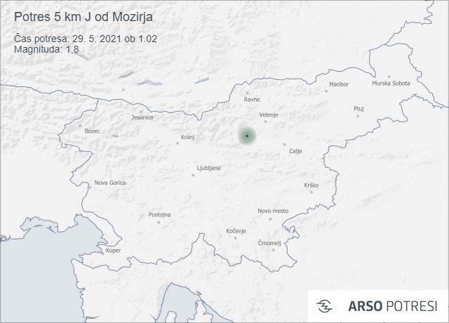Potres 5 km J od Mozirja 29. 5. 2021 ob 1.02