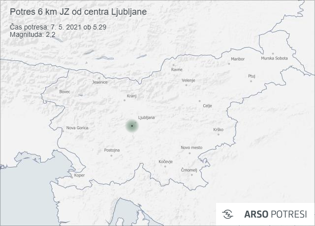 Potres 6 km JZ od centra Ljubljane 7. 5. 2021 ob 5.29