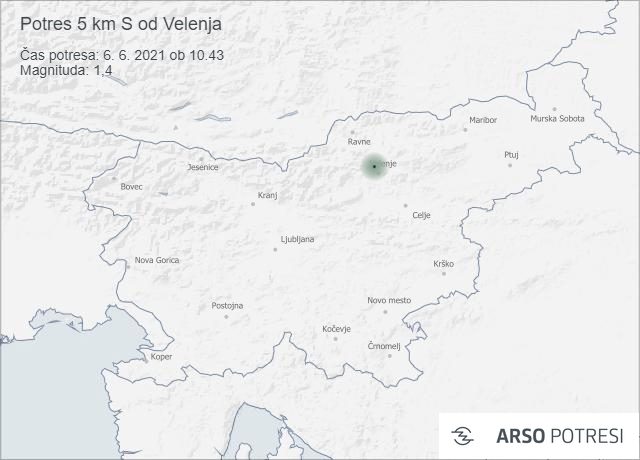 Potres 5 km S od Velenja 6. 6. 2021 ob 10.43