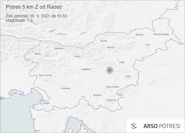 Potres 5 km Z od Radeč 30. 6. 2021 ob 10.53