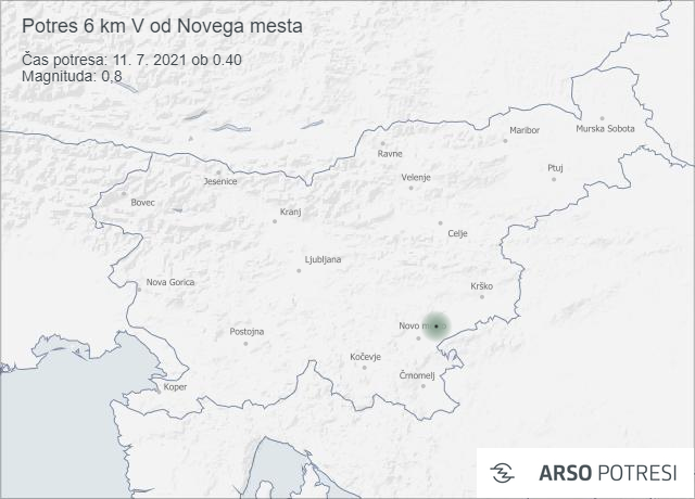 Potres 6 km V od Novega mesta 11. 7. 2021 ob 0.40