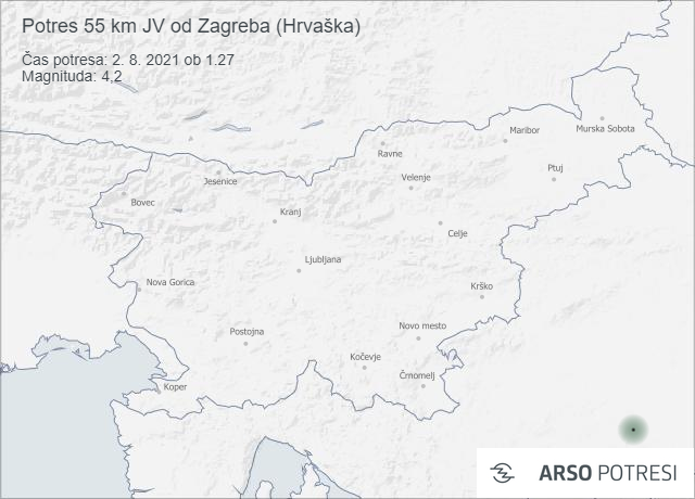 Potres 55 km JV od Zagreba (Hrvaška) 2. 8. 2021 ob 1.27