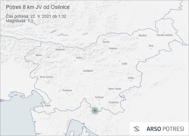 Potres 8 km JV od Osilnice 22. 9. 2021 ob 1.32