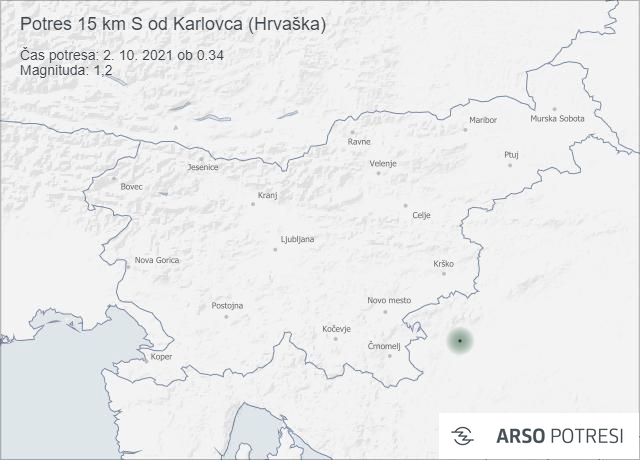 Potres 15 km S od Karlovca (Hrvaška) 2. 10. 2021 ob 0.34