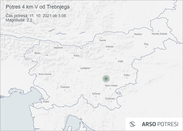 Potres 4 km V od Trebnjega 11. 10. 2021 ob 3.08