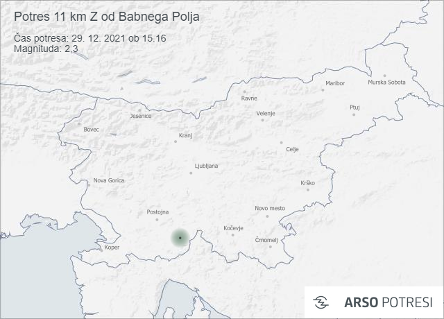 Potres 11 km Z od Babnega Polja 29. 12. 2021 ob 15.16