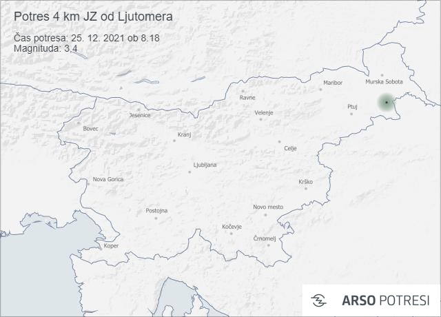 Potres 4 km JZ od Ljutomera 25. 12. 2021 ob 8.18