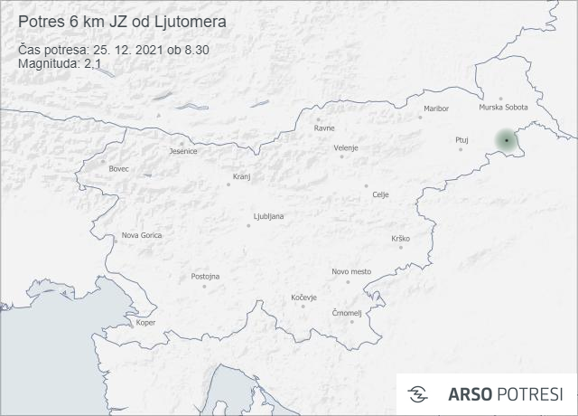 Potres 6 km JZ od Ljutomera 25. 12. 2021 ob 8.30