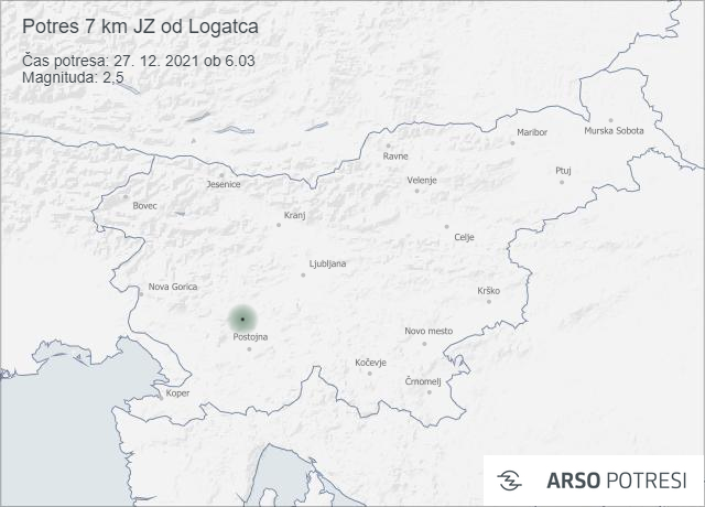 Potres 7 km JZ od Logatca 27. 12. 2021 ob 6.03