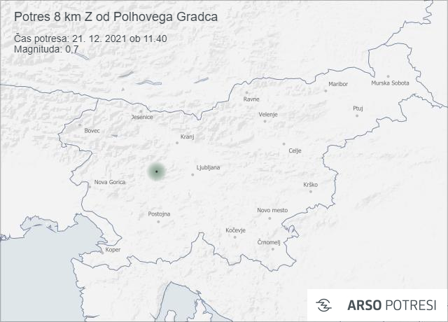 Potres 8 km Z od Polhovega Gradca 21. 12. 2021 ob 11.40