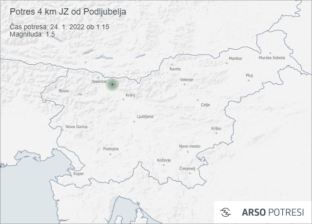 Potres 4 km JZ od Podljubelja 24. 1. 2022 ob 1.15 - ARSO