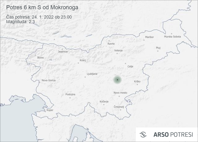 Potres 6 km S od Mokronoga 24. 1. 2022 ob 23.00