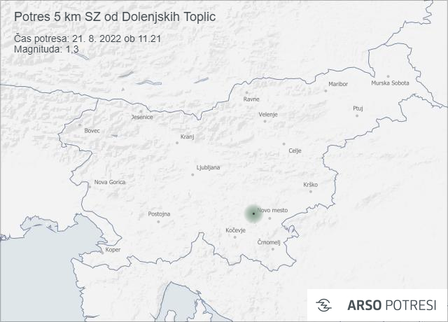 Potres 5 km SZ od Dolenjskih Toplic 21. 8. 2022 ob 11.21