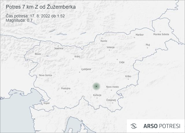 Potres 7 km Z od Žužemberka 17. 8. 2022 ob 1.52