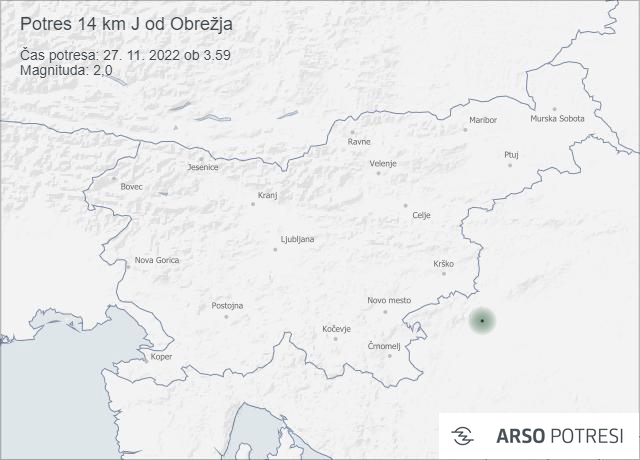 Potres 14 km J od Obrežja 27. 11. 2022 ob 3.59