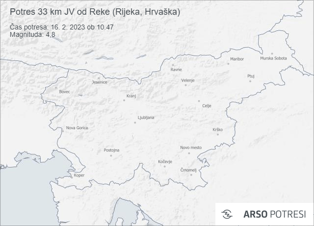 Potres 33 km JV od Reke (Rijeka, Hrvaška) 16. 2. 2023 ob 10.47