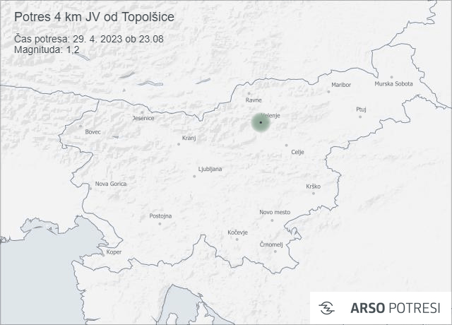 Potres 4 km JV od Topolšice 29. 4. 2023 ob 23.08