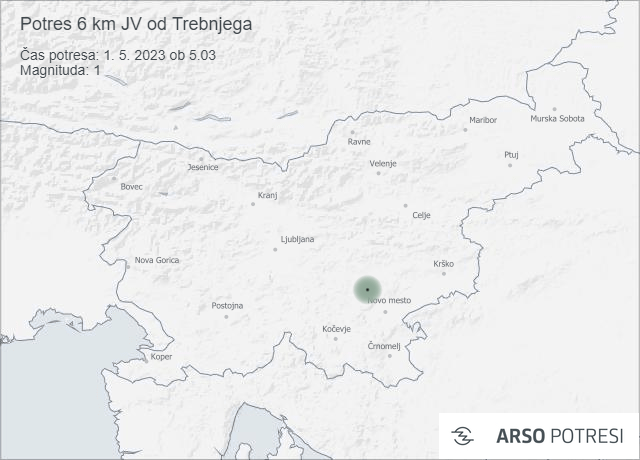 Potres 6 km JV od Trebnjega 1. 5. 2023 ob 5.03
