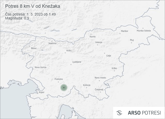 Potres 8 km V od Knežaka 1. 5. 2023 ob 1.49