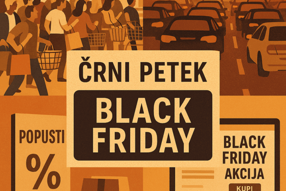 Ilustracija črnega petka z množico kupcev, prometnim zastojem, spletnimi nakupi in napisom »Črni petek – Black Friday«.