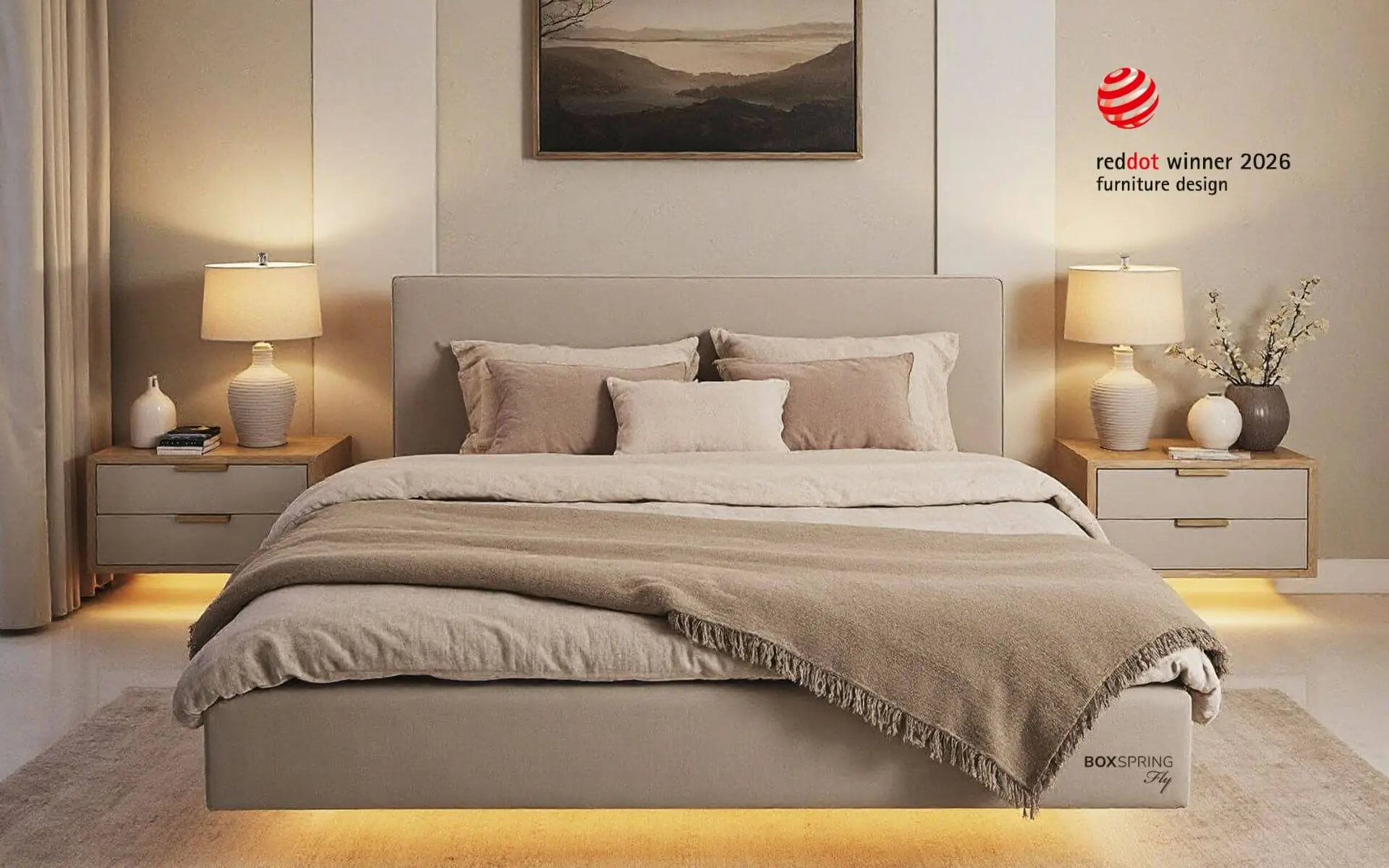 Lebdeča BoxSpring postelja Fly, dobitnica nagrade Red Dot 2026