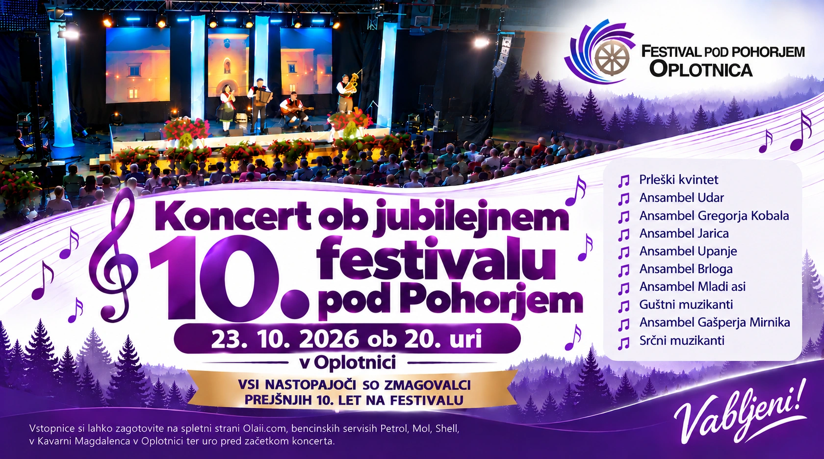 Nadomestno besedilo (ALT) Plakat za koncert ob 10. festivalu pod Pohorjem, 23. oktobra 2026 ob 20. uri v Oplotnici, s seznamom desetih nastopajočih ansamblov.